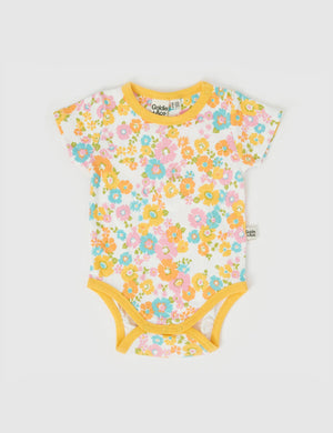 Flower Child Short Sleeve Bodysuit - Yellow Multi Goldie + Ace 